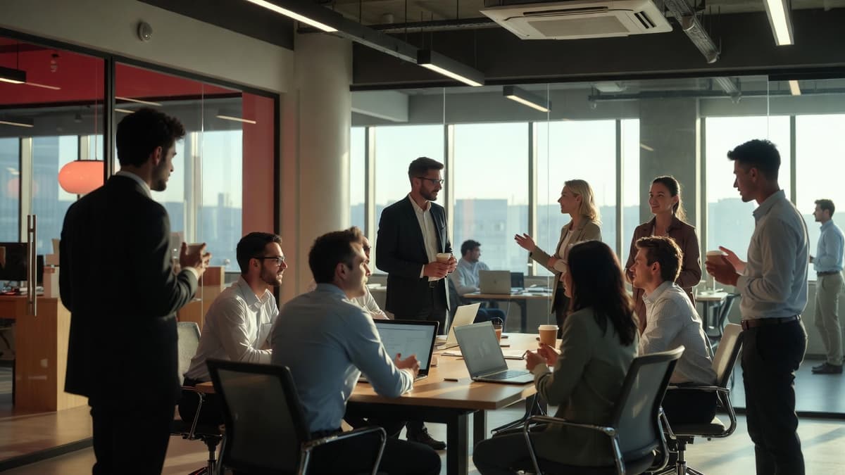 Professionals collaborating in a modern open-plan office