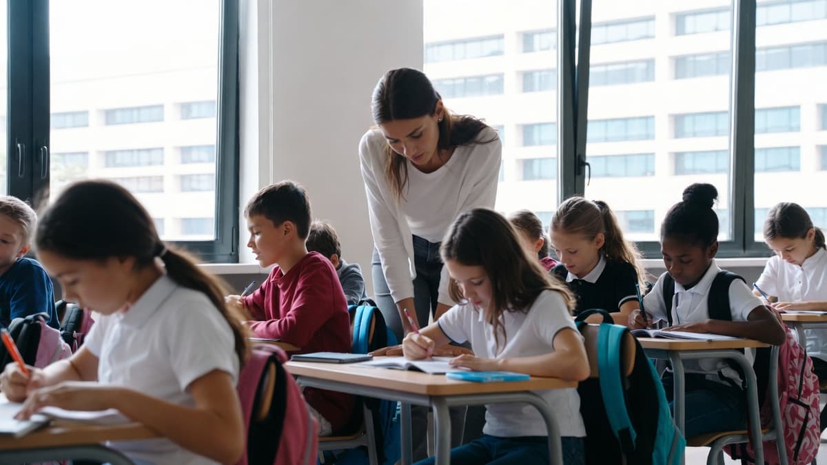 Teacher helping students in a K-12 classroom