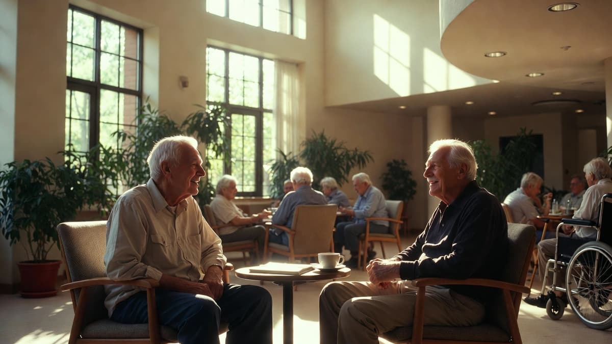 Elderly residents socialising in a sunny senior living lounge